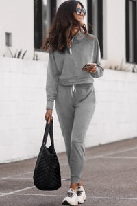 Matching Fashion Set Gray Drawstring Hoodie and High Waist Sweatpants Set Comfy Fashion Outfit Set