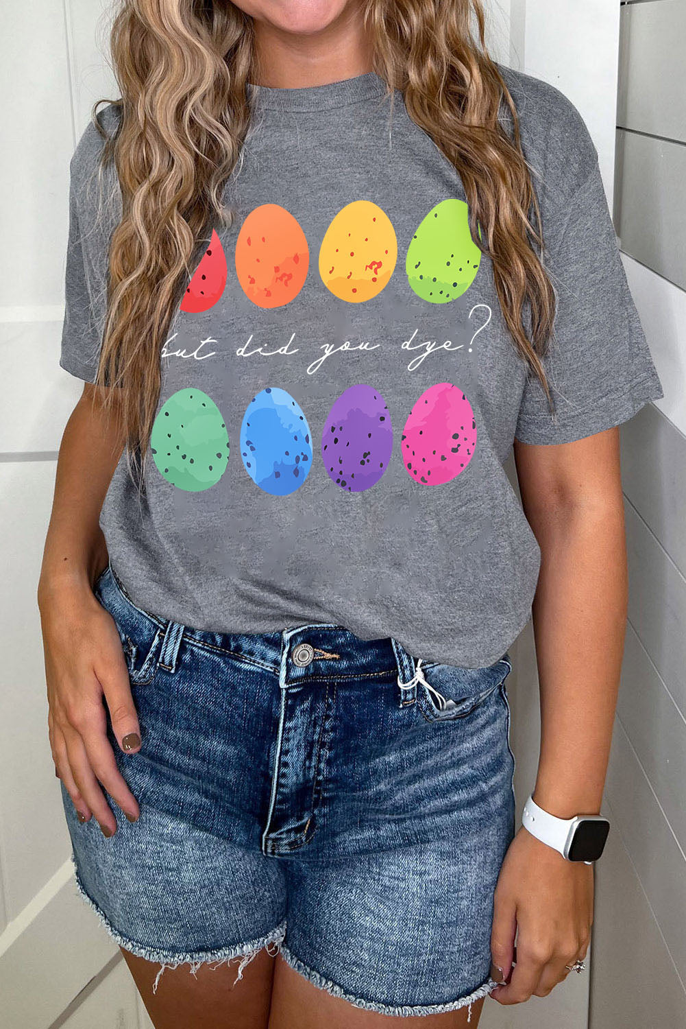 Easter Shirt Women's Fashion Gray Easter Eggs Print Crew Neck T Shirt Easter Gifts