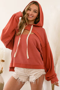 Orange Cut out Bust High Low Ribbed Hoodie