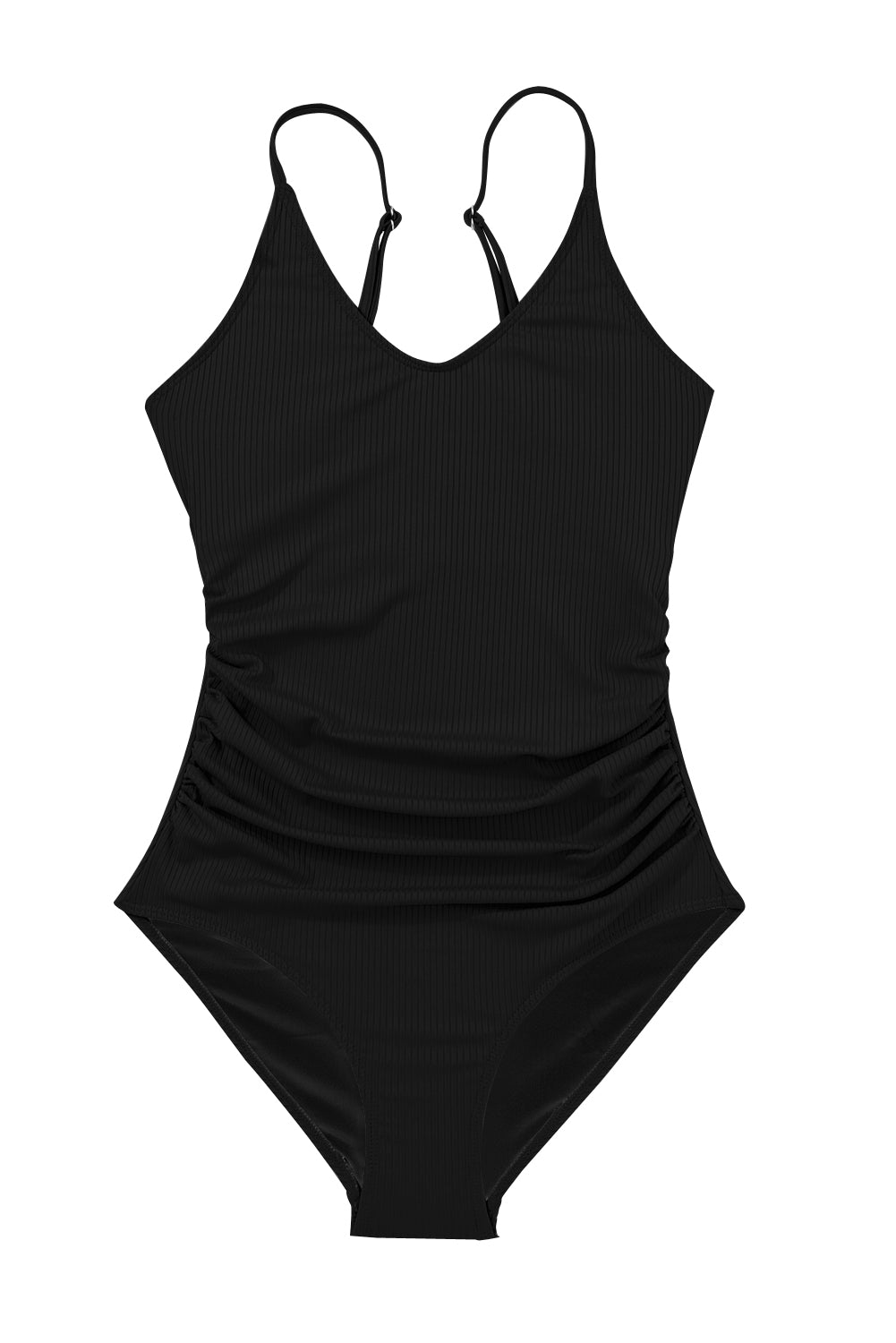 One Piece Bikini Black Ribbed Textured Scoop Neck One Piece Swimsuit, Black One Piece Bathing suit