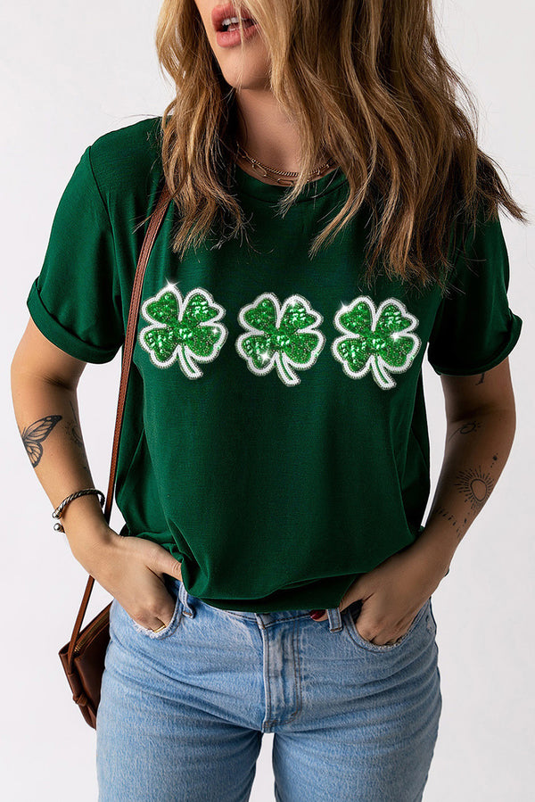 Green St Patrick Day Shirt  Clover Patch Sequin Graphic T-shirt Womens St Pattys Day Shirt