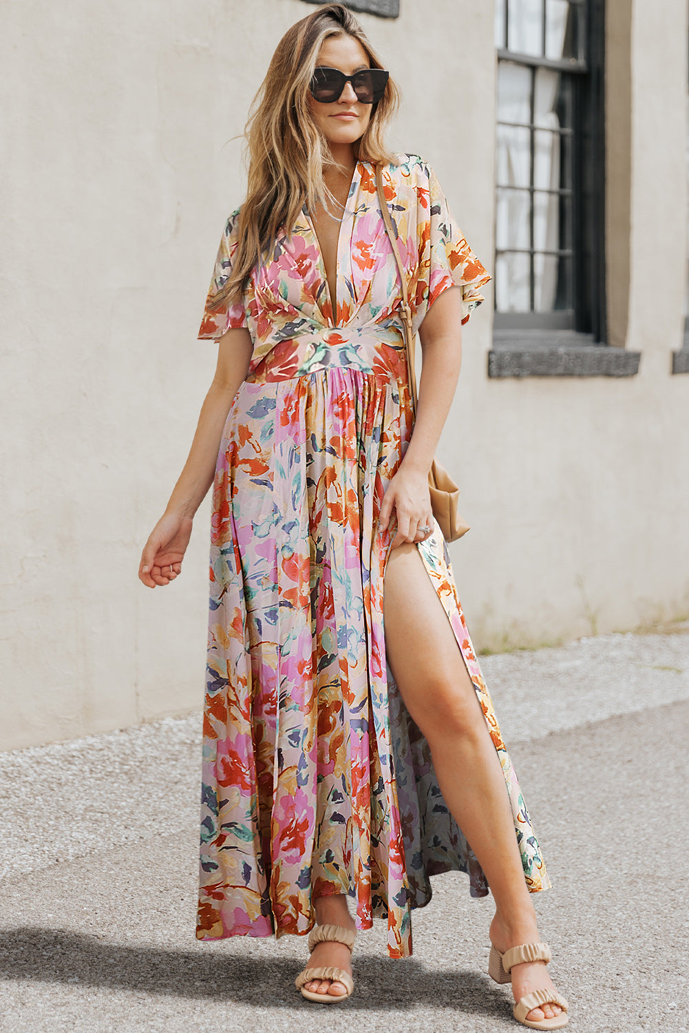 Women’s Long Beach Dress Boho Multicolor Tropical Floral Print Ruched V Neck Loose Sleeve Flowy Maxi Dress