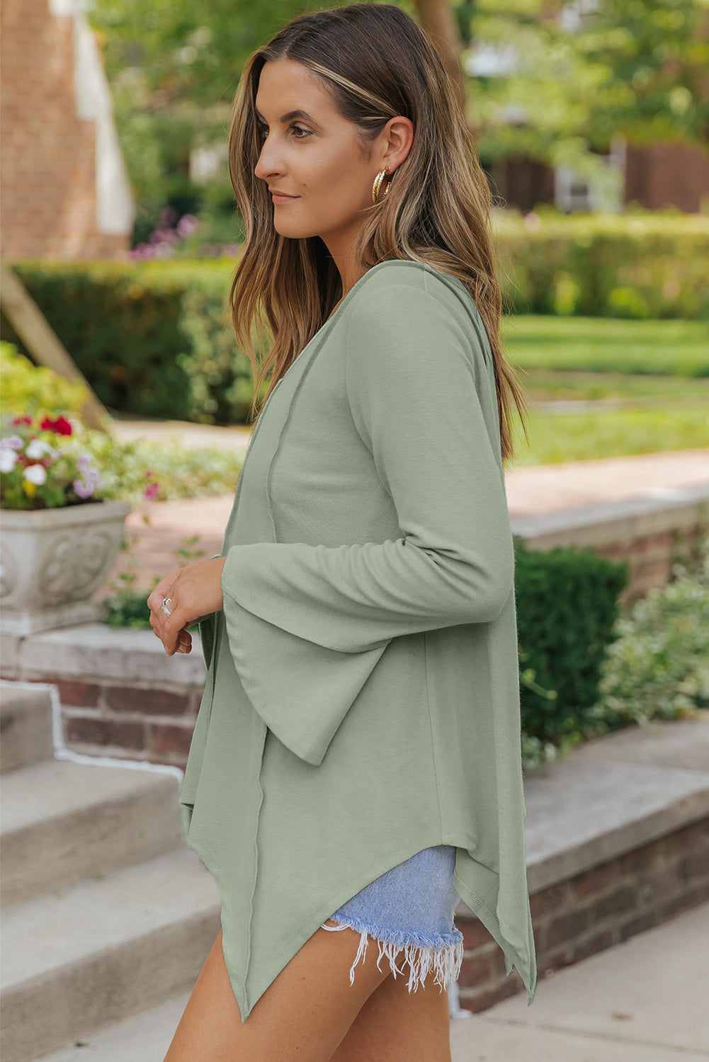 Green Ribbed Expose Seam Bell Sleeve Top