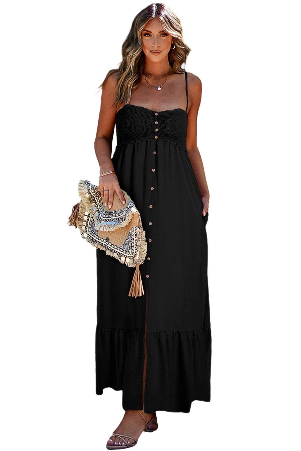 Black Spaghetti Straps Smocked Front Slit Buttoned Maxi Dress with Pockets Summer Vacation Casual Dresses