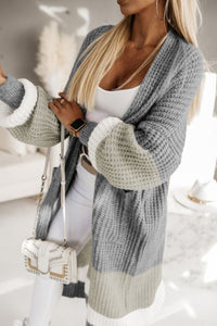 Fashion Open Sweater Gray Colorblock Cable Knit Side Pockets Duster Long Cardigan