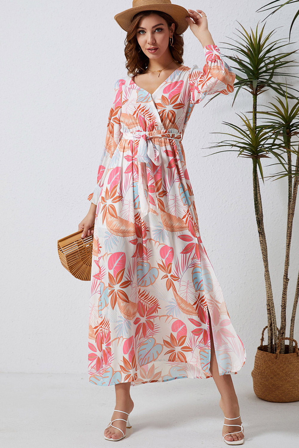 Tropical Plant Print Long Sleeve Wrap V-Neck Slit Maxi Dress