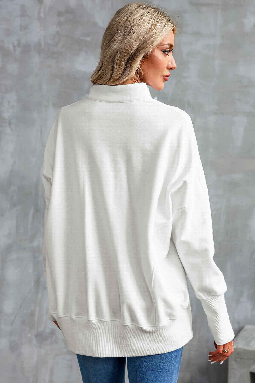 White Oversized Quarter-Zip Pullover Sweatshirt