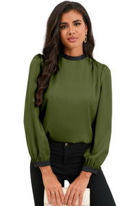 Green Color Block Bow Back Mock Neck Blouse