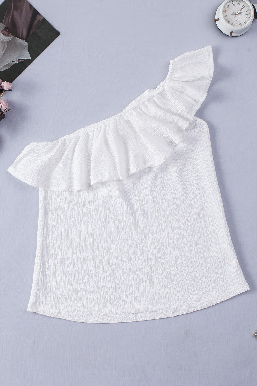 Women’s Off The Shoulder Top White Ruffle One Shoulder Crinkle Tank