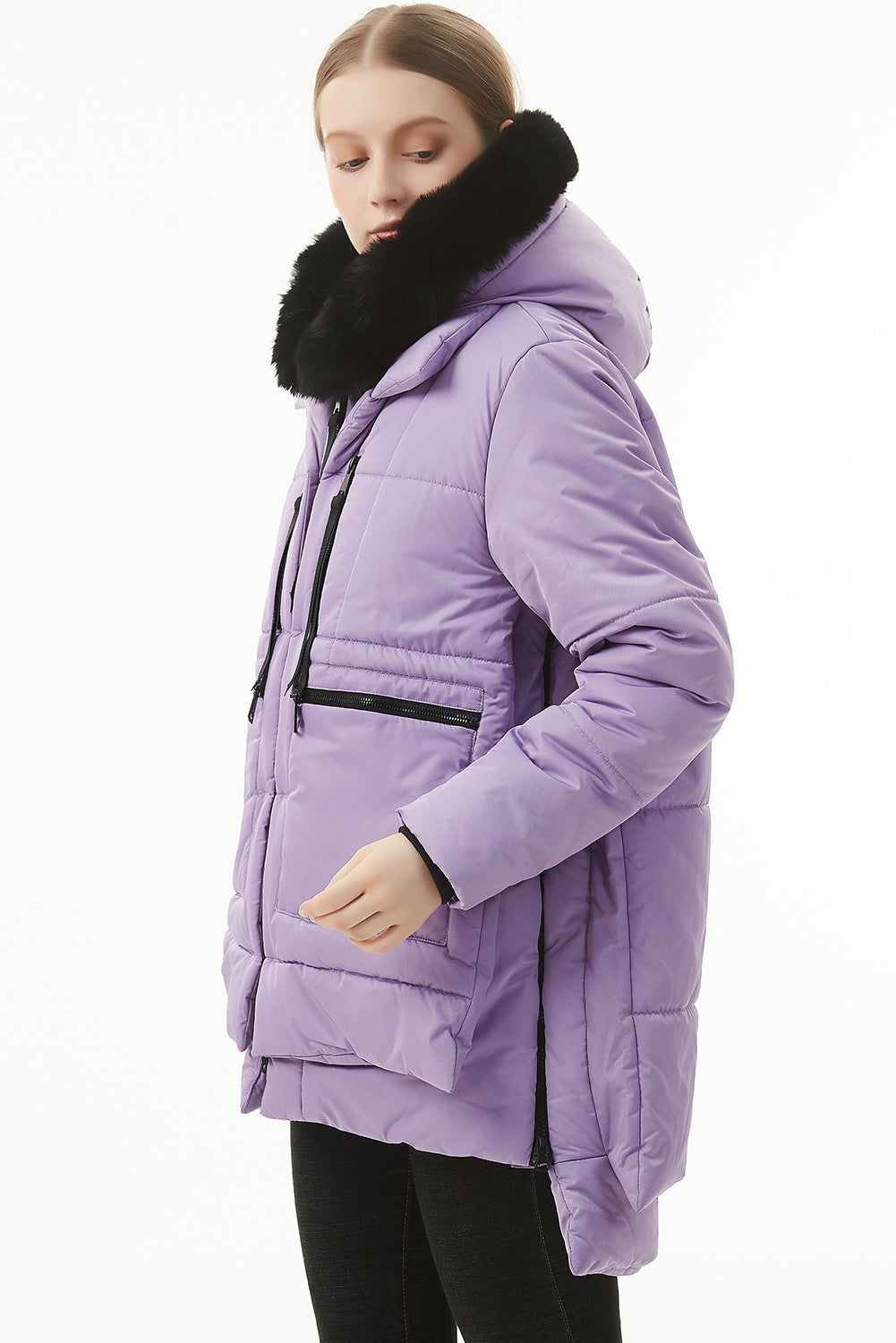 Women's Hooded Puffer Coat Purple  Plush Linen Zip Up Fashion Warm Jacket Outerwear