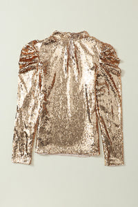 Gold Long Sleeve Shirt Apricot Sequin Mock Neck Bubble Sleeve Top