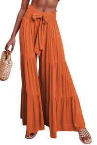 Orange Smocked Waist Tiered Wide Leg Pants