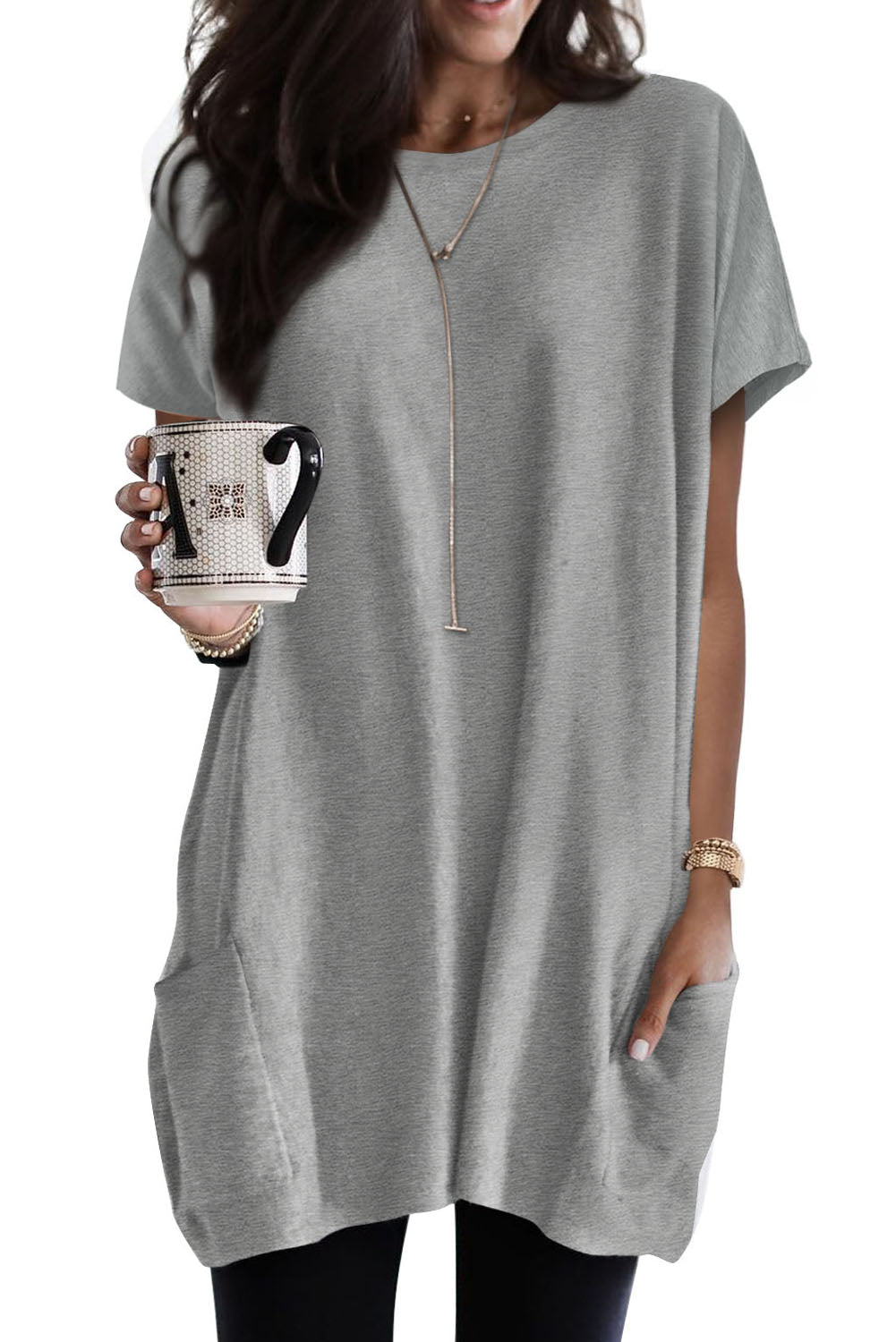 Gray Side Pockets Short Sleeve Tunic Top