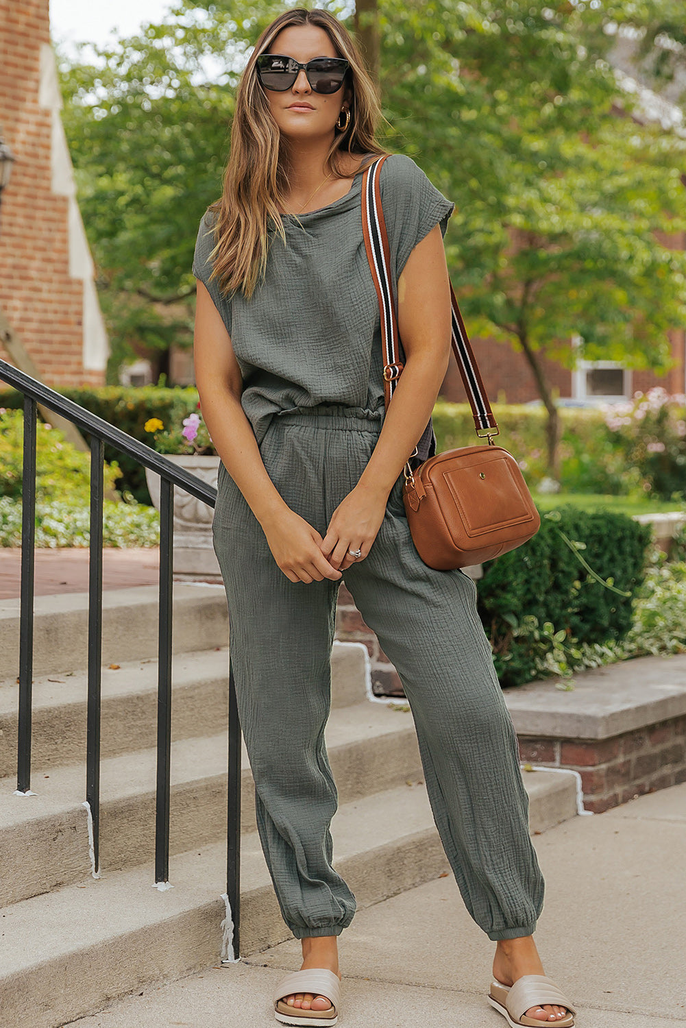 Gray Crinkled Texture Tee and Jogger Pants Set