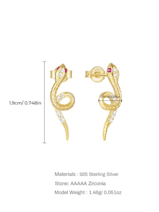 Snake Earrings 925 Sterling Silver 18K Gold Plated Pink Zircon Hypoallergenic Statement Earrings