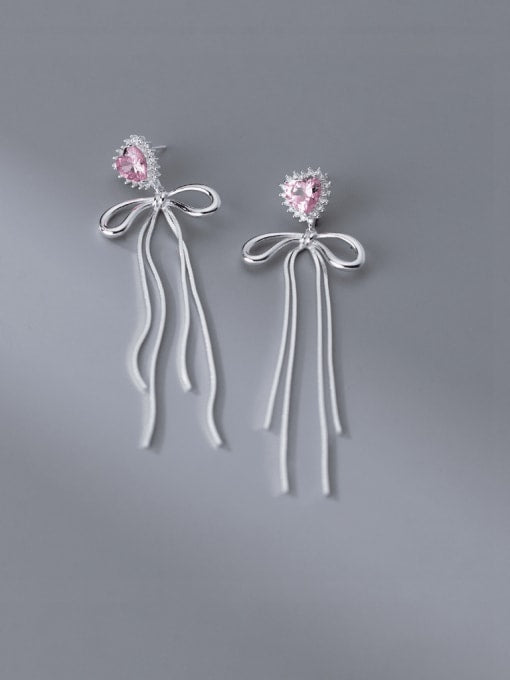 Pink Heart Bow Earrings 925 Sterling Silver Hypoallergenic Long Dangle Luxury Women's Jewelry