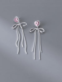 Pink Heart Bow Earrings 925 Sterling Silver Hypoallergenic Long Dangle Luxury Women's Jewelry