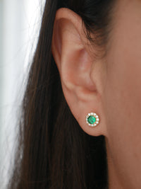 Round Emerald Gold Stud Earrings, .925 Sterling Silver Halo Diamond Cubic Zirconia Round Dainty Stud Earrings