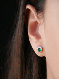 Round Emerald Gold Stud Earrings, .925 Sterling Silver Halo Diamond Cubic Zirconia Round Dainty Stud Earrings