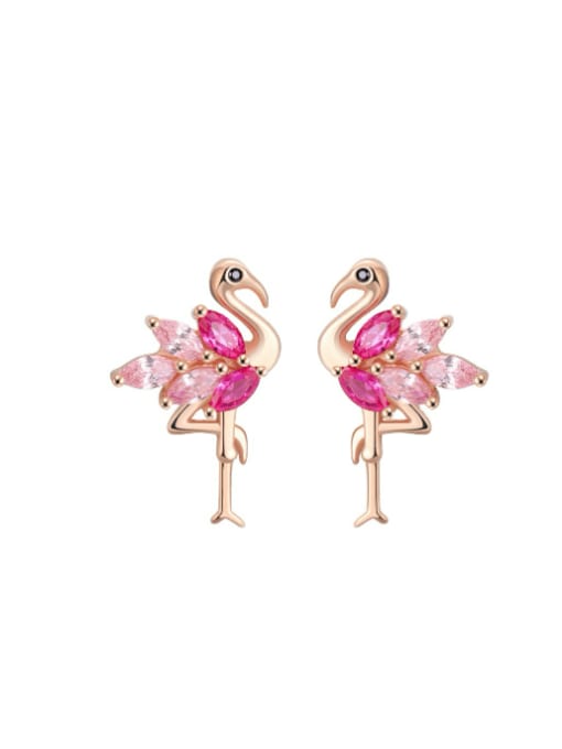 rose gold earrings, studs, flamingo, pink diamond rhinestone, cubic zirconia earrings, .925 sterling silver, rose gold plated, hypoallergenic, nickel free, waterproof for sensitive ears, flamingo stud earrings, pink studs, statement earrings, gift idea, popular unique earrings and jewelry, jewelry store in Miami, brickell Kesley Boutique