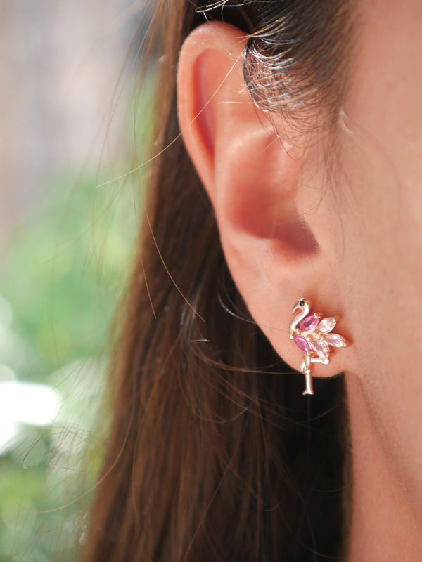 Flamingo Earrings, .925 Sterling Silver Pink Diamond CZ Flamingo Statement Stud Earrings