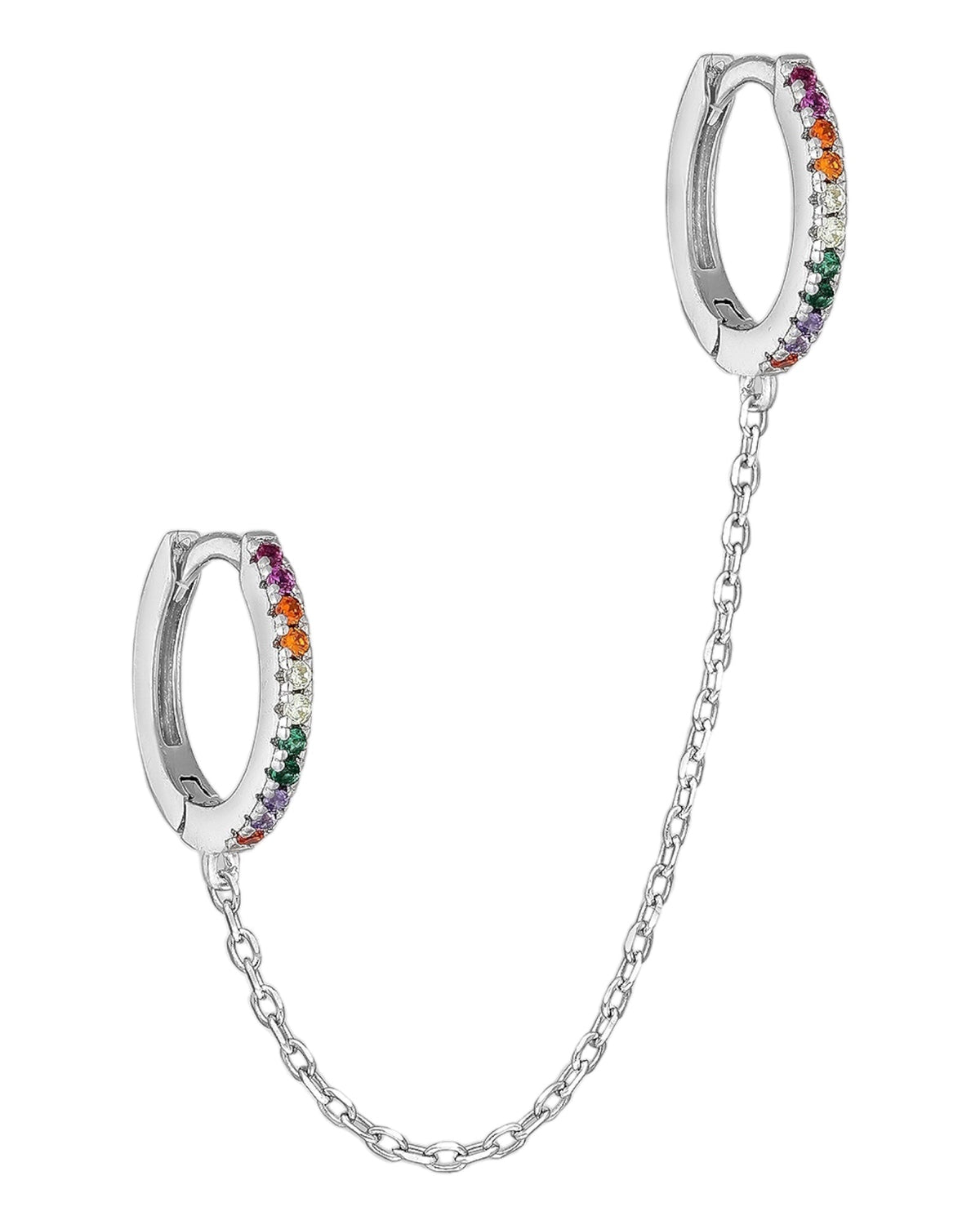 earrings, huggie earrings, small hoop earrings, single earrings, white gold cartilage earrings, two earrings with chains for cartilage, two hoop earrings with chain for cartilage, nice jewelry, jewelry websites, trending jewelry on instagram, influencer brands, trending jewelry brands, cute earrings, rainbow diamond earrings, gay jewelry 