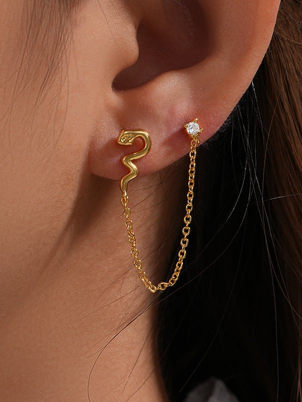 earrings, double earrings, gold snake earrings, gold cartilage earrings, fashion accessories, fine jewelry, earrings for sensitive ears, earrings with a chain, double stud earrings with a chain, dangle earrings,  dainty earrings, cute earrings, birthday gifts, anniversary gifts, fine jewelry, nickel free jewelry, hypoallergenic earrings, earrings for sensitive ears, tarnish free jewelry, jewelry websites, cute jewelry, kesley jewelry, sterling silver earrings, gold earrings