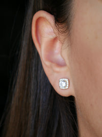 Square Stud Earrings, 925 Sterling Silver Cushion Cut Halo Diamond Cubic ZIrconia Statement Luxury  Earrings