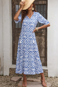 Casual Geometric Print Maxi Dress Sky Blue V Neck Boho Summer Vacation Dresses Loose Fit