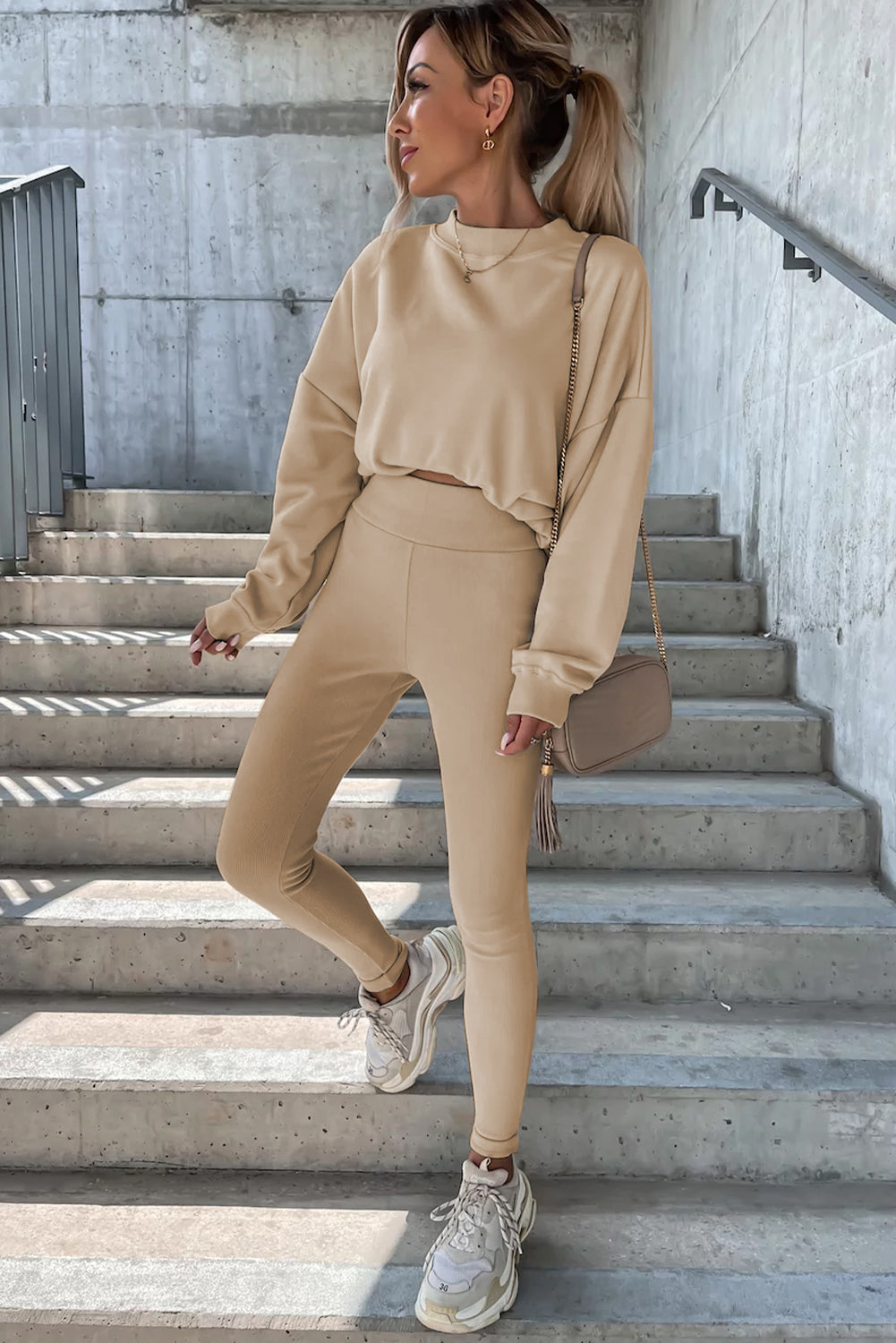 Beige Solid Sweatshirt and Leggings and Fashion Sweater Two Piece Set