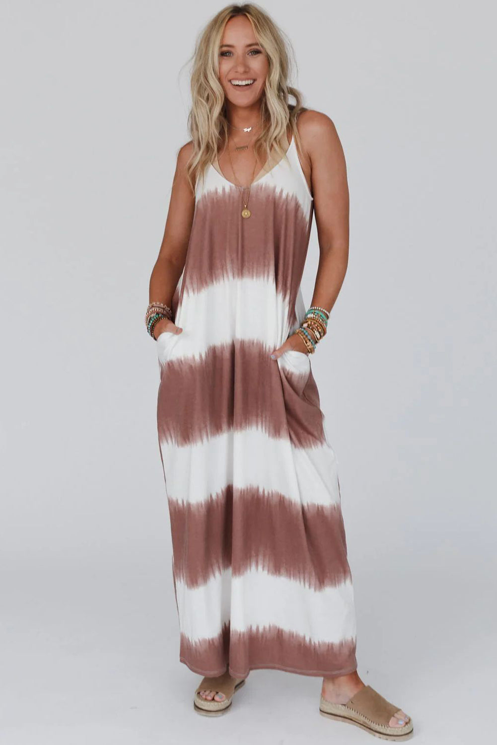 White Stripe Striped Tie Dye Spaghetti Strap Maxi Dress