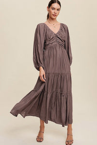 Brown V Neck Bowknot Cutout Frill Tiered Maxi Dress