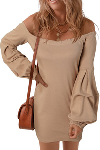 Nude Brown Off Shoulder Dress Rib Knit Balloon Sleeve Sweater Dresses