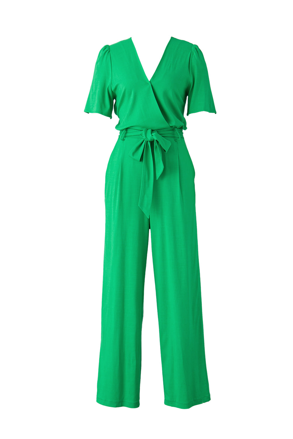 Bright Green Wrap V Neck Belted Elegant Jumpsuit Long Pants Romper