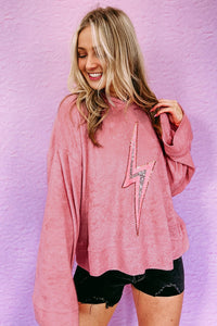 Womens Long Sleeve Shirt With Hood Pink Thunder Bolt Sequin Oversized Hoodie