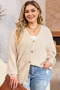 Fashion Open Sweater Apricot Plus Size Knitted Hollow out Button up Cardigan