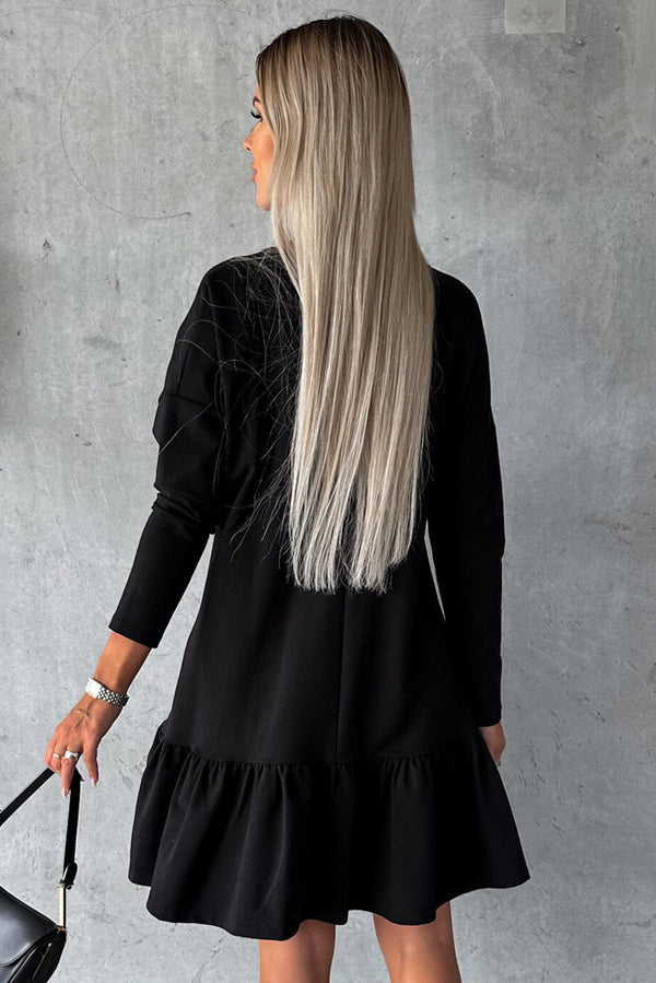 Black Split Neck Long Sleeve Ruffled Loose Dress