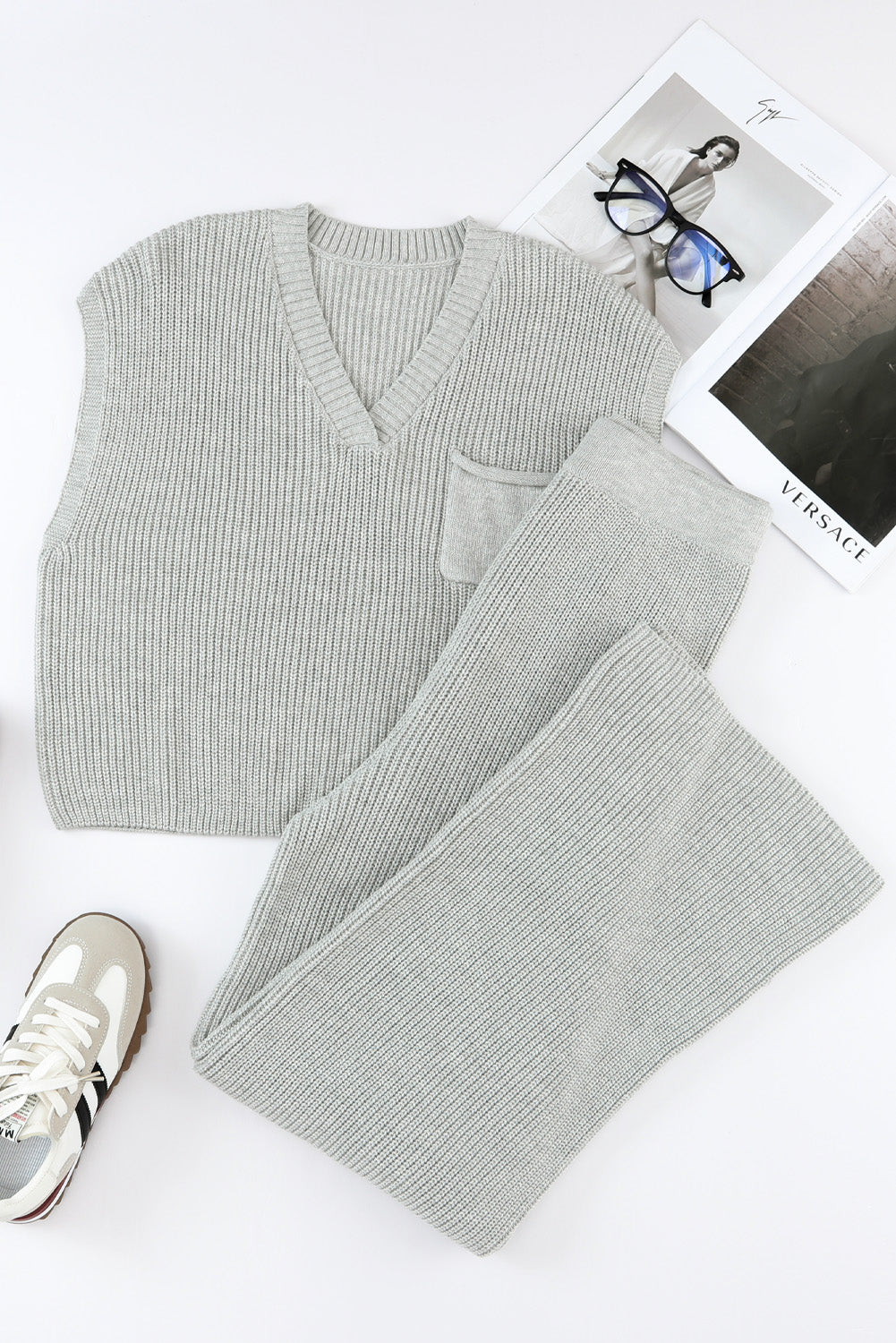 Gray Knitted V Neck Sweater and Casual Pants Set