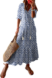 Casual Geometric Print Maxi Dress Sky Blue V Neck Boho Summer Vacation Dresses Loose Fit