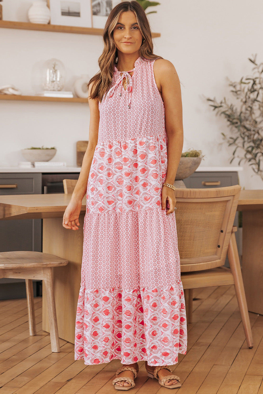 Pink Abstract Print Split Neck Sleeveless Maxi Dress