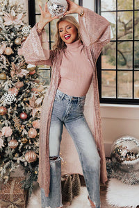 Rose Tan Open Front Long Sequin Kimono Sequin Cardigan