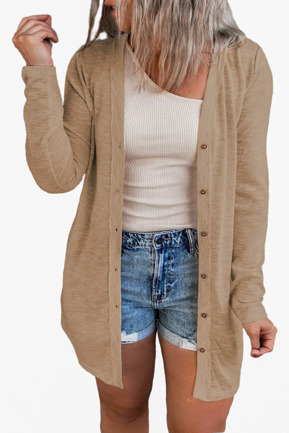 Brown Buttoned Thigh-high Length Plus Size Cardigan