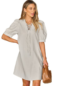 Beige Lace-up V Neck Bubble Sleeve Short Shirt Dress