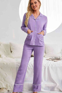 Womens Pajama Set  Purple Contrast Lapel Collar Shirt and Pants with Pockets