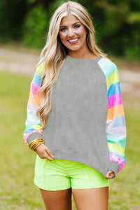 Women’s Fashion Sweater Gray Sequin Color Block Long Sleeve Pullover Sweatshirt