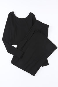 Womens Fashion Outfit Set Black Solid Color Ribbed Crop Top Long Flowy Pants Set