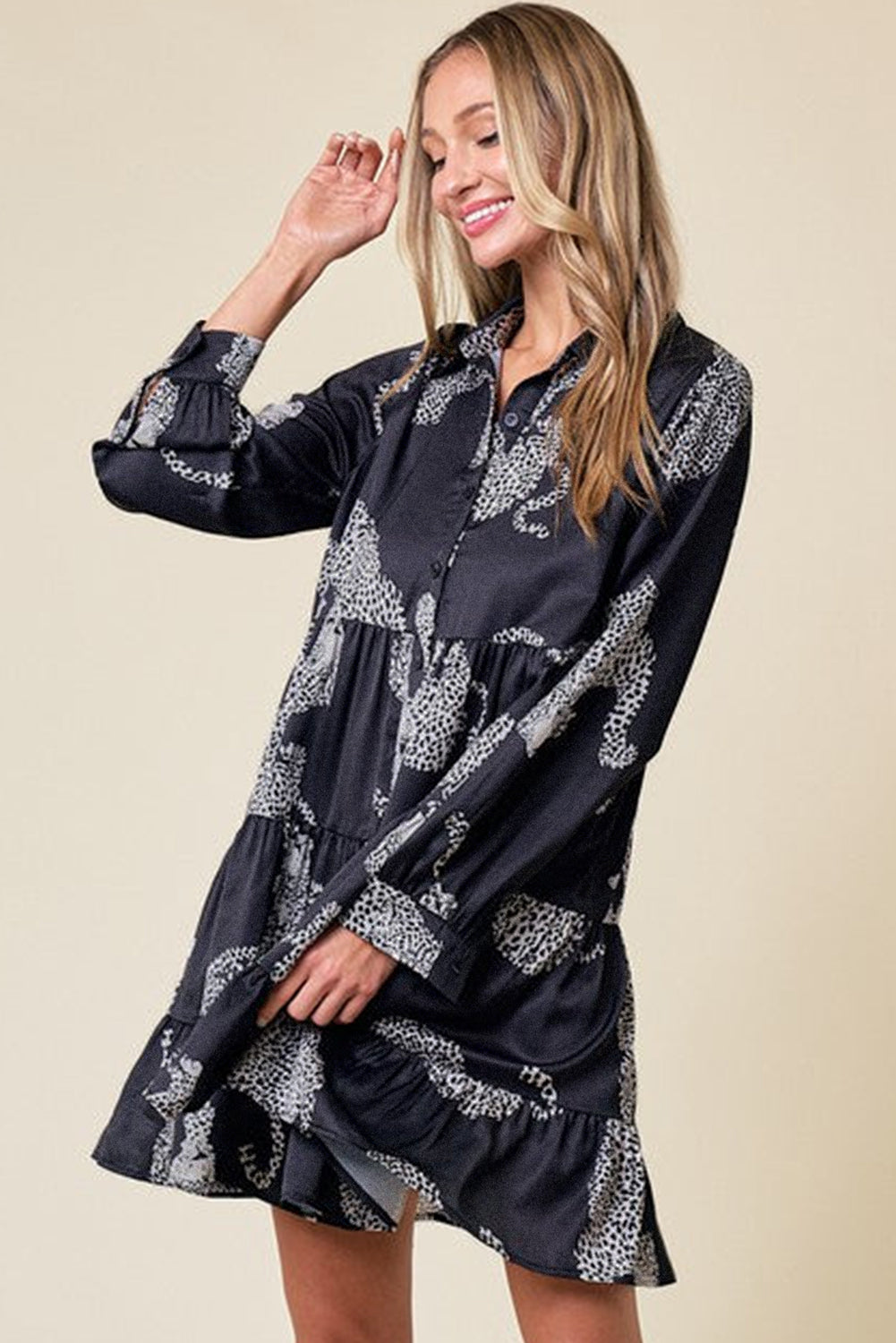 Women’s Fashion Black Leopard Print Button-up Long Sleeve Casual  Dress