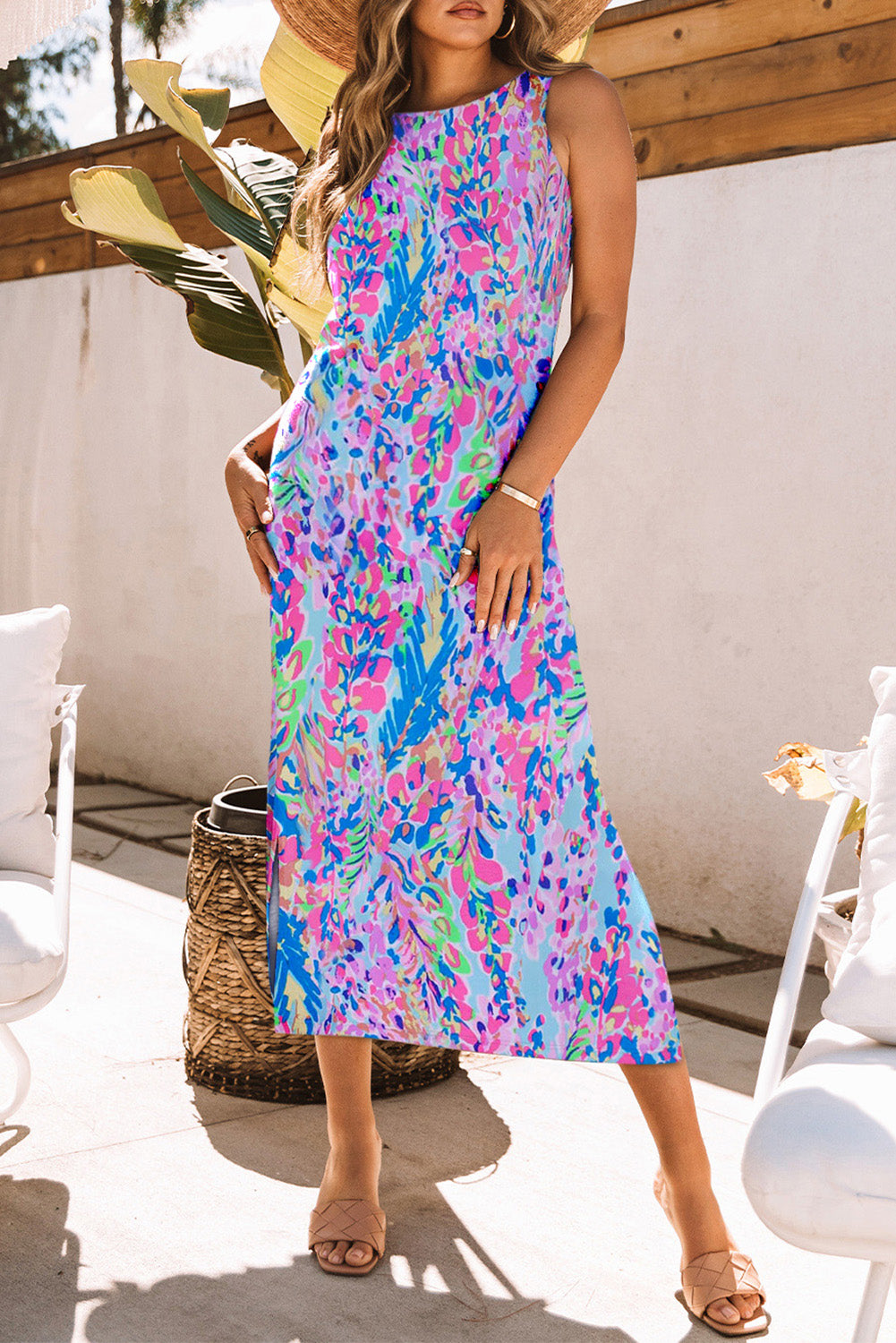 Casual Sleeveless Maxi Dress Purple Abstract Floral Print Midi Maxi Casual Dresses