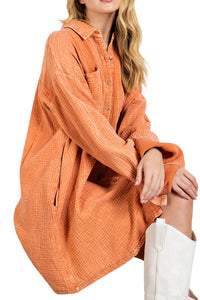 Orange Crinkled Dual Chest Pocket Oversized Shirt Dress Womens Fashion