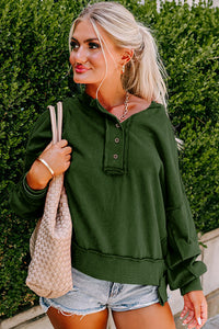 Blackish Green Drop Shoulder Henley Buttons Sweatshirt